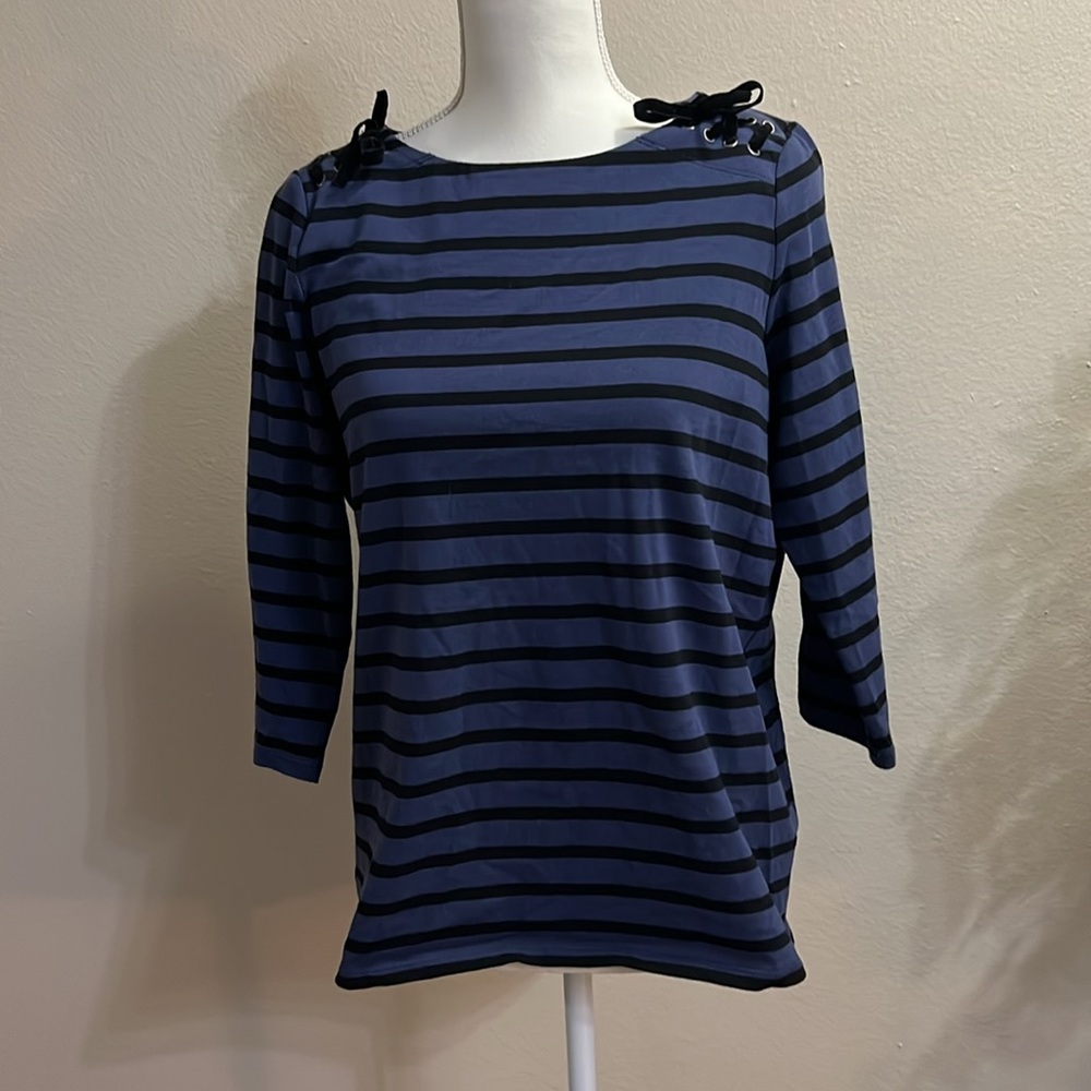 Boden Navy & Black Breton Stripe Top with Velvet Lace Up Shoulder Detail Sz 8